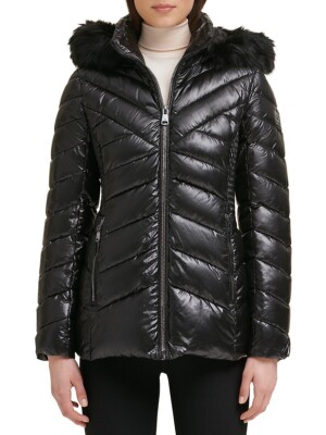Kenneth Cole V4009 Womens Black Short Hooded Chevron Puffer Coat Size S