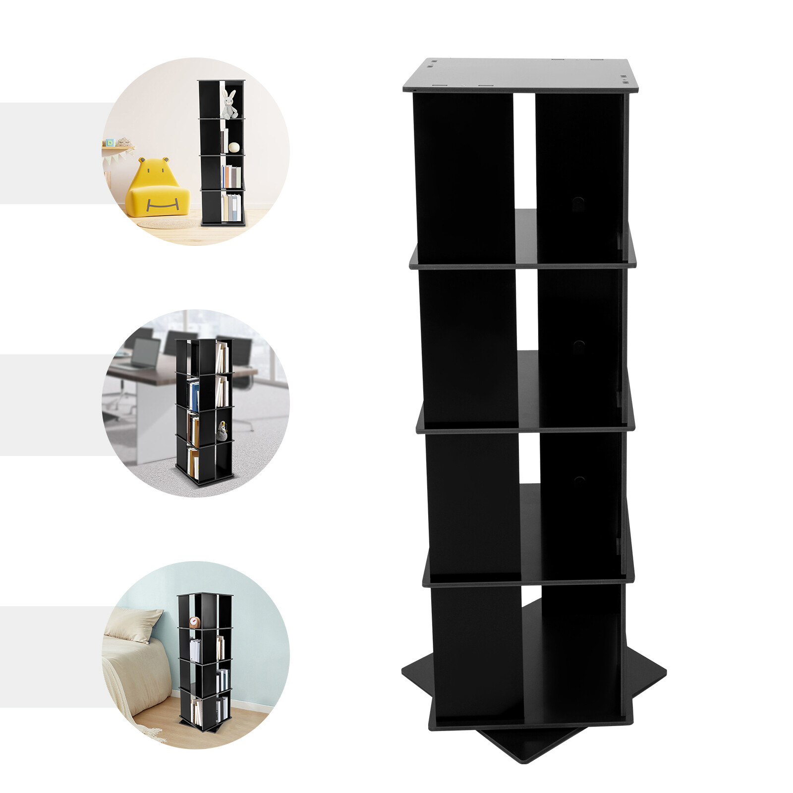 360-Degree Rotating Black Bookcase Storage Shelf Freestanding Display Rack