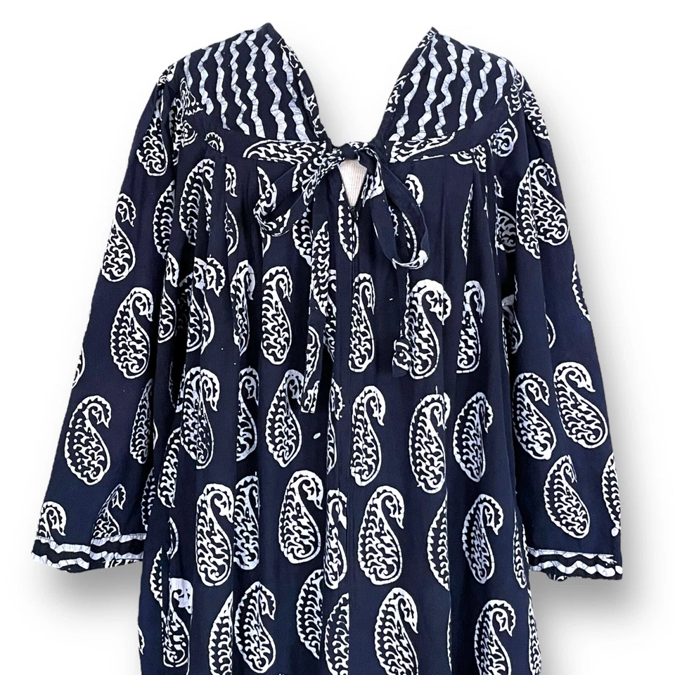 Vintage 1970s Saybury Kaftan Sz Small Blue Batik Paisley Boho Muumuu House Dress - Image 4 of 4