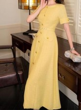 Women's 2024 summer new Single-breasted Lace up round neck high waist long dress