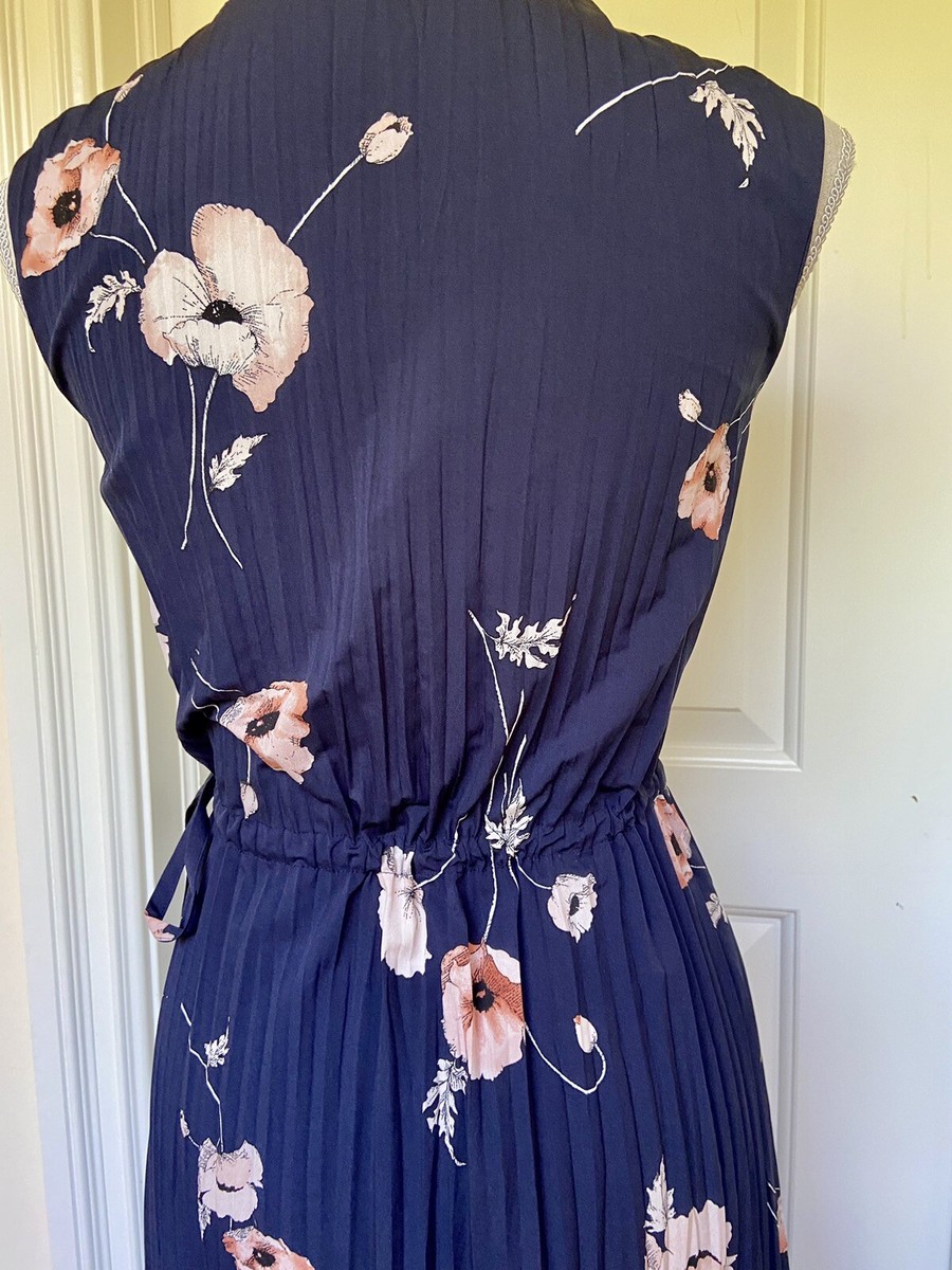 VINCE Tossed Poppy V-Neck Pleated Dress Navy Floral XXS | eBay