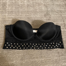 Vintage Y2K PINK Victorias Secret Strapless Rhinestone Black Bustier Bra 34A
