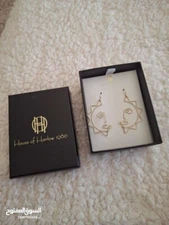 House Of Harlow 1960 Modernist Gold Tone Wire Sun Face Dangle Hook Earrings 2''