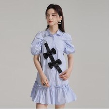 women puff sleeve shirt dress ruffled babydoll skirt  A-line skirt  Loose waist