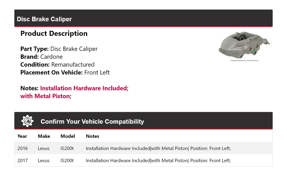 Pinza de freno de disco delantera izquierda cardone para Lexus IS200t 2016-2017 Foto 2 de 4