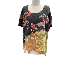 Citron X-Small Multicolor Sleeveless Silk Blouse Asian Fans Textured Print