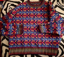 Hand Knitted Fair Isle Sweater Men's in L/XL 42-44" in Brilliant Colors