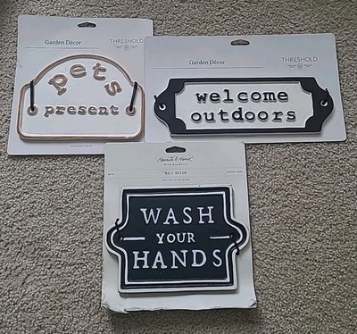 3 Hearth & Hand Magnolia/Threshold Wall Signs Cast Metal. welcome.pets.wash NEW!