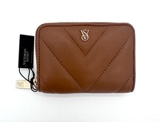VICTORIA'S SECRET Zip Around V Quilt Brown FAUX LEATHER WALLET NWT
