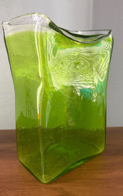 Vintage Blown Green  Glass  Square Vase with folded rim Bubble Art Glass