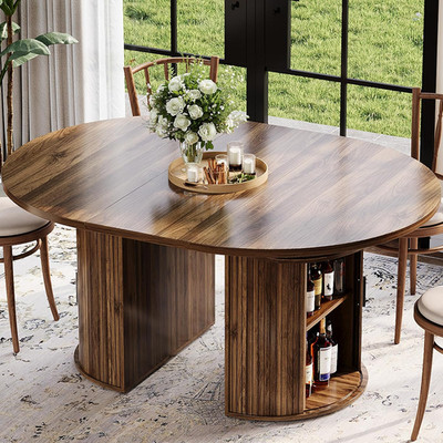 Extendable 63'' Round Dining Table for 4-6 with Hidden Storage, Walnut Brown