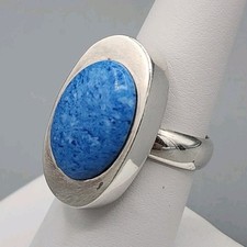 Vtg ATI Mexico 925 Sterling Silver Denim Lapis Lazuli Oval Cabochon Ring Size 7
