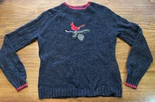 Woolrich Womens M Black Mottled Bird Cardinals Angora Blend Sweater Pullover
