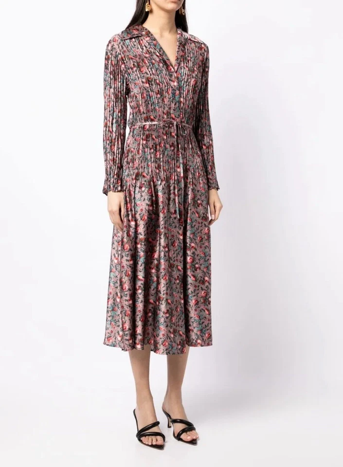 ***NUEVO SIN ETIQUETAS*** Ventas al por menor $1300 - Vestido camisero plisado Vince Berry Blooms talla mediana Foto 3 de 4