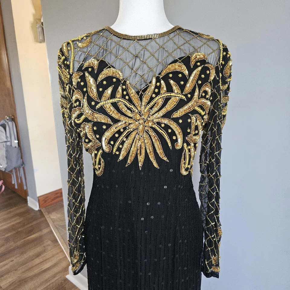 Laurence Kazar Dress Women's M 100% Silk Black Gold Beaded Vintage Gown Art Deco - Image 2 of 4