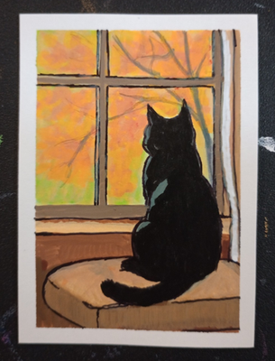 #ad PRINT Black Cat In Window Miniature ACEO Art $1.50