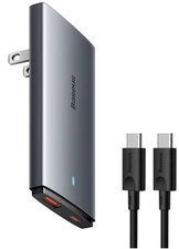Baseus 65W Flat Wall Charger, 2 Port Ultra-Slim GaN Charger with Foldable Plug