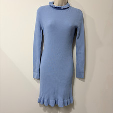 J. CREW Sz S Supersculpt Ruffleneck Mini Sweater Dress Blue Preppy Capsule
