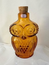 Vtg Owl Decanter Blown Glass Bottle Amber 7.5" w/Cork MCM Rainbow Brand VA, USA