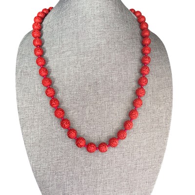 Vintage Chinese Export Carved Cinnabar Bead Necklace Hand Knotted Brass Clasp WB