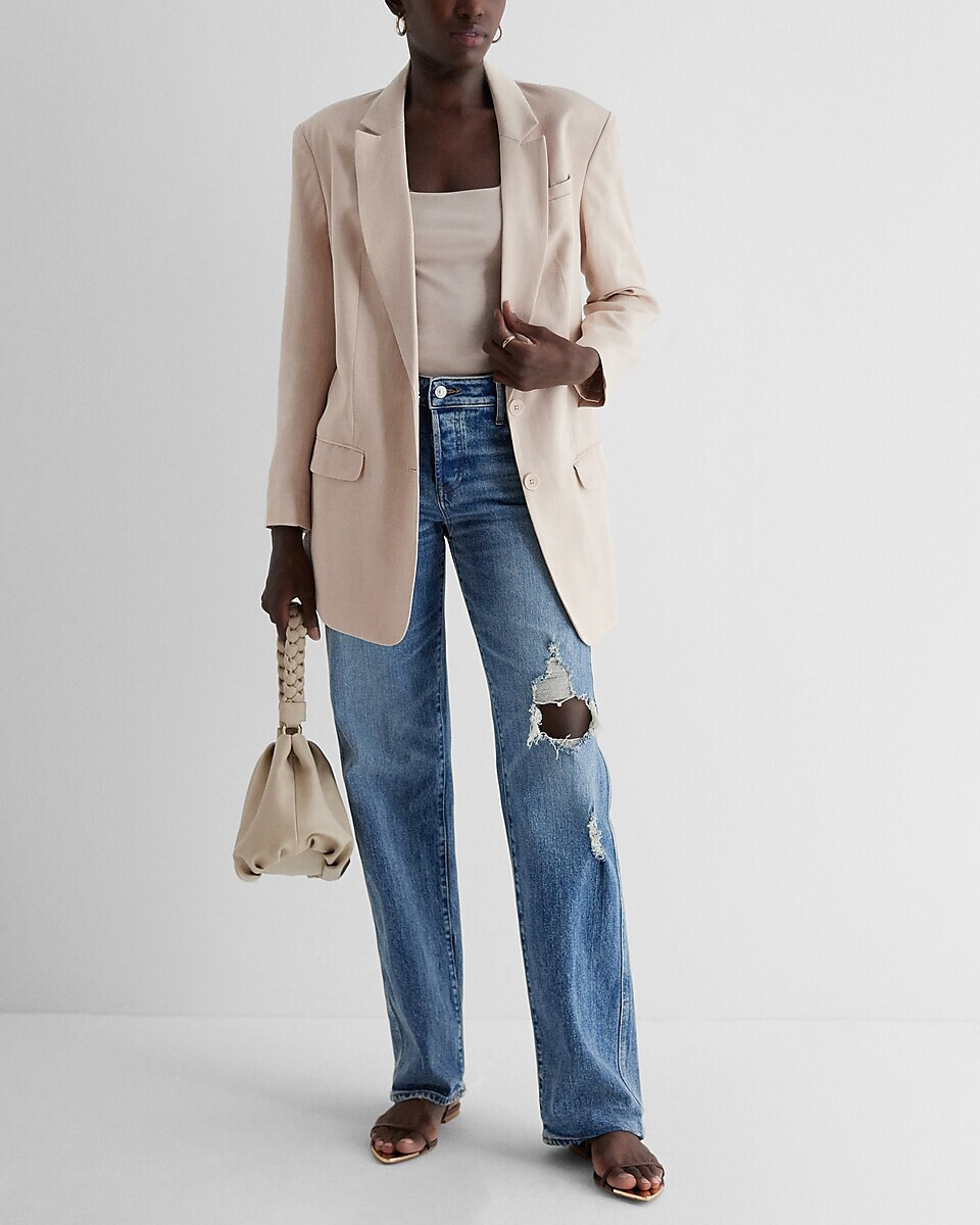 NEW EXPRESS $168 NEUTRAL LINEN BLEND OVERSIZED BOYFRIEND BLAZER SZ