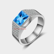Natural Blue Topaz  CZ Gemstones with 925 Sterling Silver Ring For Men's