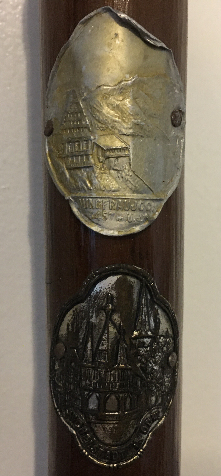German Ice Walking Stick, Wanderstock With 10 Badges, 39” Long With