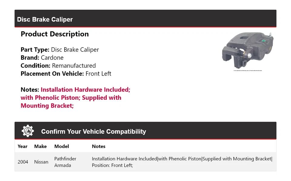 Pinza de freno de disco delantera izquierda cardone para Nissan Pathfinder Armada 2004 Foto 2 de 4