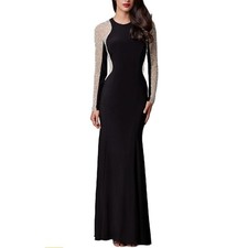Xscape Women's Black Long Evening Gown Beaded Mesh Sleeves Illusion Contour size