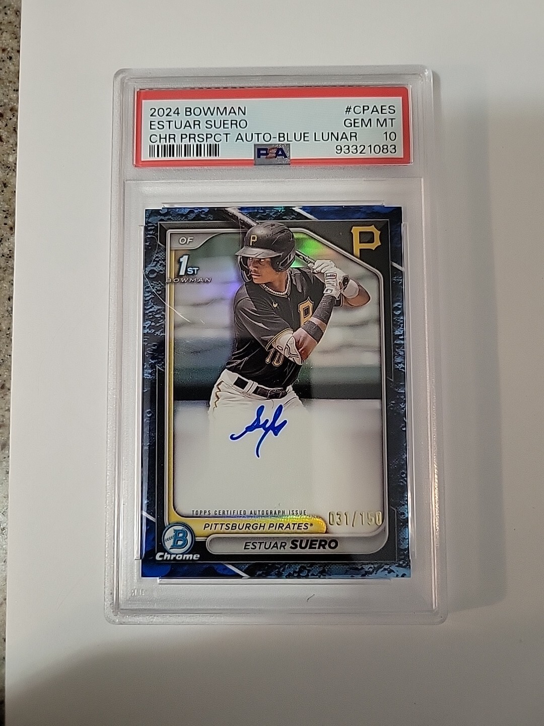 ESTUAR SUERO 2024 BOWMAN CHROME BASEBALL 1ST BLUE REFRACTOR AUTO #/150Â PSA 10