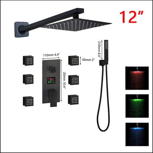 LED Black Massage Shower Faucet Set Square Shower Head 3-Way Digital Mixer Valve - Picture 15 of 18