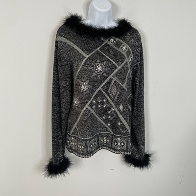 Vintage SILK BLEND Sweater L Black Feather Collar Rhinestone Metallic  Holiday