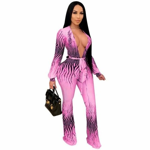 Deep V Neck Long Sleeve Jumpsuit Women 