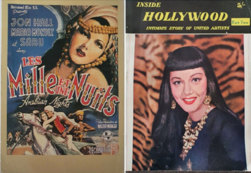 2 MARIA MONTEZ ITEMS - ARABIAN NIGHTS POSTCARD & VINTAGE 1948 HOLLYWOOD BOOK - Afbeelding 1 van 4