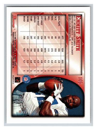 1998 Bowman Emmitt Smith Dallas Cowboys #105 - Picture 2 of 2