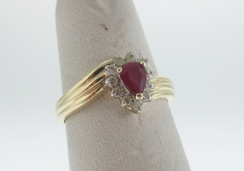Natural Red PEAR Ruby Diamonds Solid 14K Yellow G… - image 4