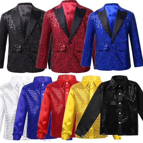 Kids Stylish Shiny Sequins Lapel Suit Jacket Coat Slim Fit Blazer Wedding Tuxedo - Picture 5 of 59