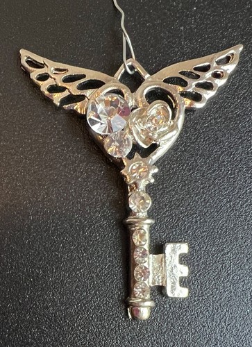 Silver Winged Key with Large & Small Clear Rhinestones Ornament / Pendant 2½"