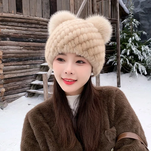 Damen Echt Nerz Pelzmütze Beanie Winter warm Strick Outdoor Mütze mit Fuchspelz Ball - Bild 5 von 24