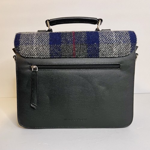 Harris Tweed Mini Messenger Bag Navy Plaid Zipped Pockets Shoulder Strap Wool - Picture 8 of 16