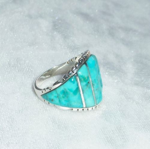 STUNNING ZUNI STYLE GENUINE TURQUOISE HANDCRAFTED INLAY 925 STERLING RING SZ 8 - Picture 2 of 6