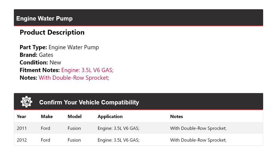Portões de bomba de água para motor Ford Fusion 3.5L V6 GAS 2011-2012 - Imagem 2 de 4