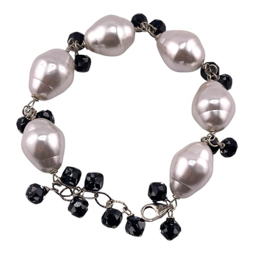Fashion Statement 925 Sterling Silver Faux Pearl Faceted Bead Links Bracelet 8”+ - Picture 5 of 10
