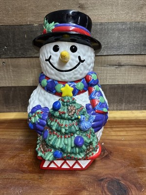 Vintage Christmas Snowman Cookie Jar Sleigh Winter Tree Decor Top Hat 12 