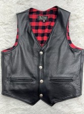 American Vintage Buffalo Plaid Flannel Lined Black Leather Motorcycle Vest READ