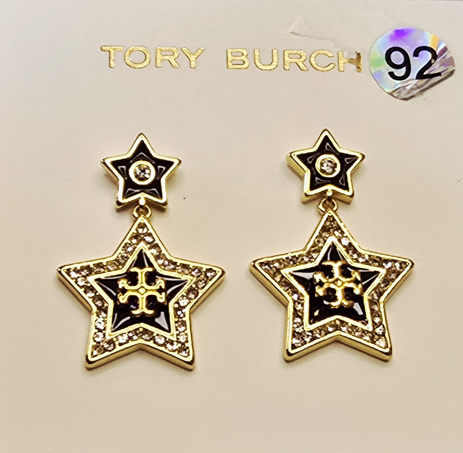 TORY BURCH LOGO FALLING STAR w CRYSTALS/ENAMELED DANGLE PIERCED EARRINGS ☆18K GP thumbnail 2