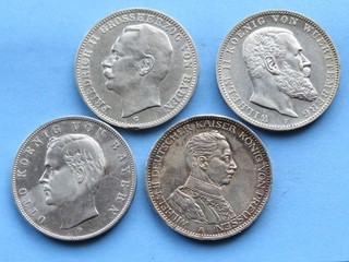 Konvolut 4 Stück 3 Mark Preussen Baden Württemb. Bayern Silber Original SS VZ