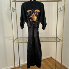 Vintage Pearls Black Silk Dragon Embroidered Long Robe Unisex Medium Fish 1960s