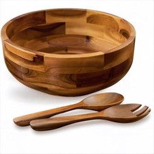 12" Large Wooden Salad Bowl Set with Spoon & Fork - 30 cm Acacia Wood Serving Bo