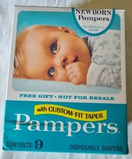 Vintage Pampers Newborn Diaper Gift Package 1960s-70s Baby Open Box 4 Diapers